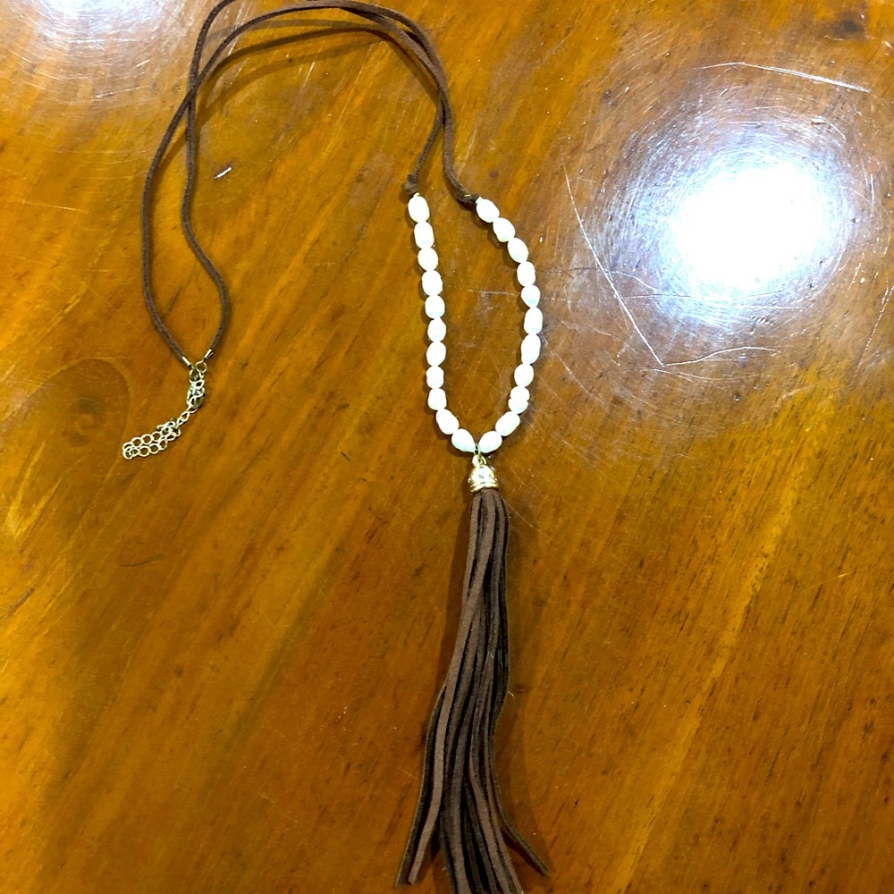 Boho Leather Tassle Necklace with Pearls